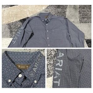 Ariat Western Shirt Men Large Blue Red Geo Print Embroidered Button Cowboy Rodeo